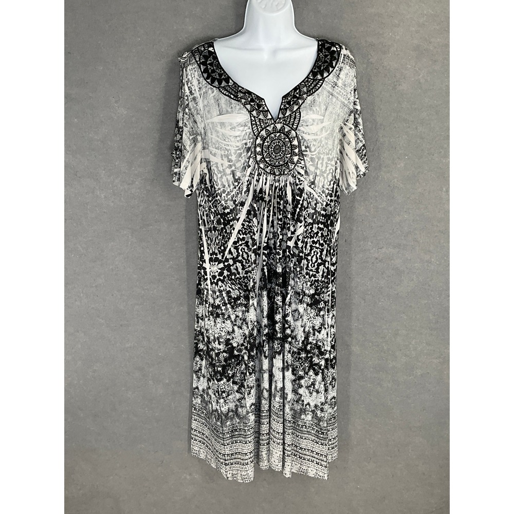 World Unity Midi Dress Womens XL Black White Print V Neck Embellished‎ Bohemian